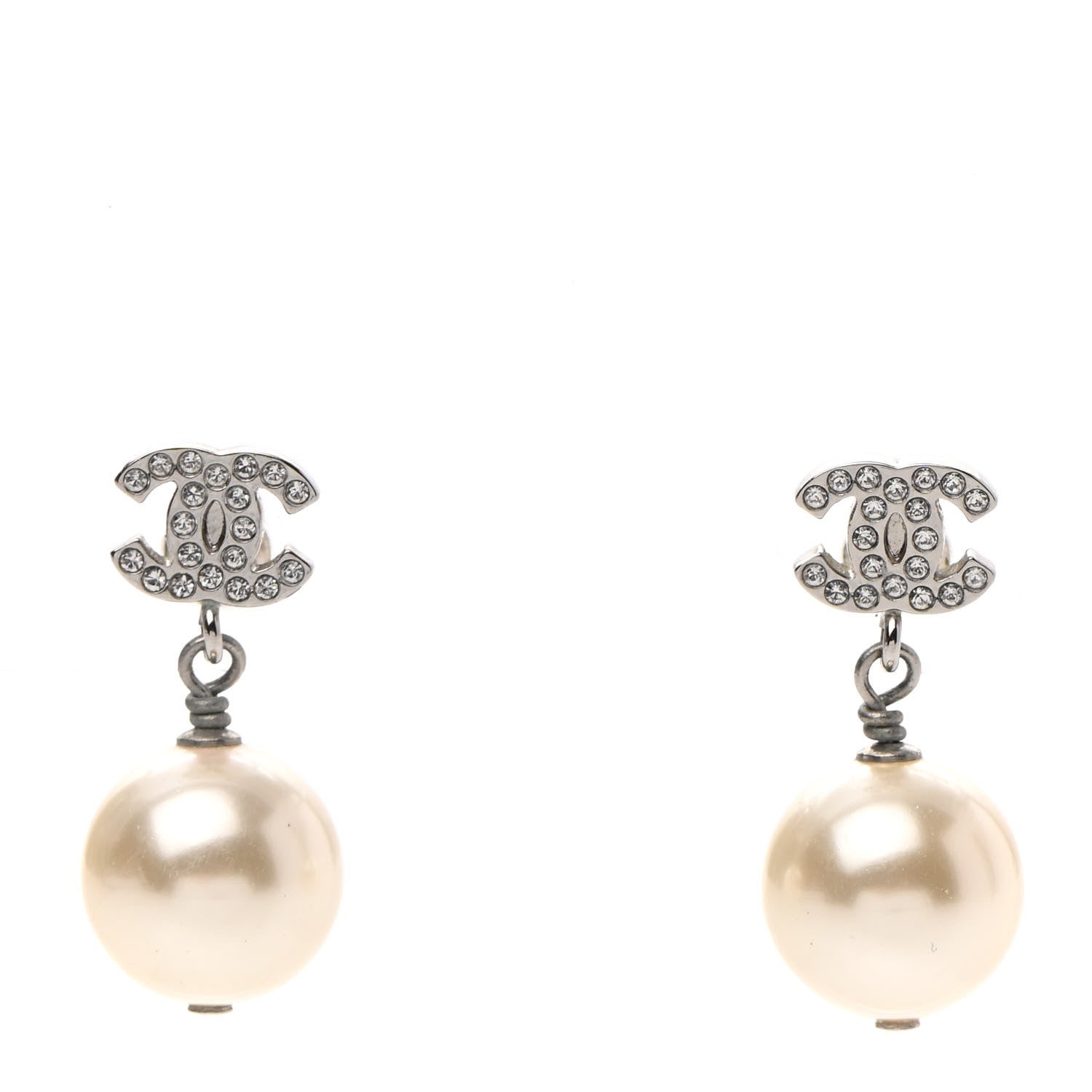 Chanel Crystal Pearl CC Drop Earrings Silver Pearly White 1 of 4