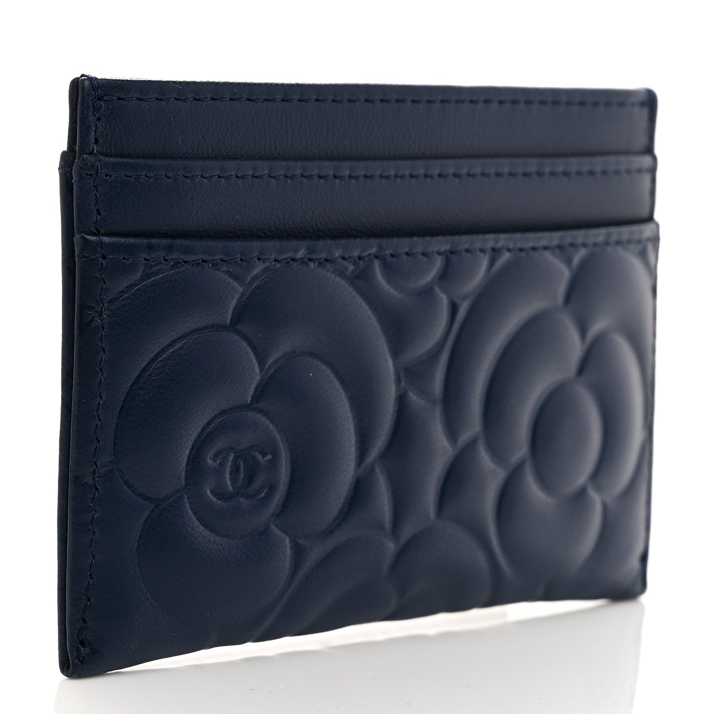 Lambskin Camellia Embossed Card Holder Navy