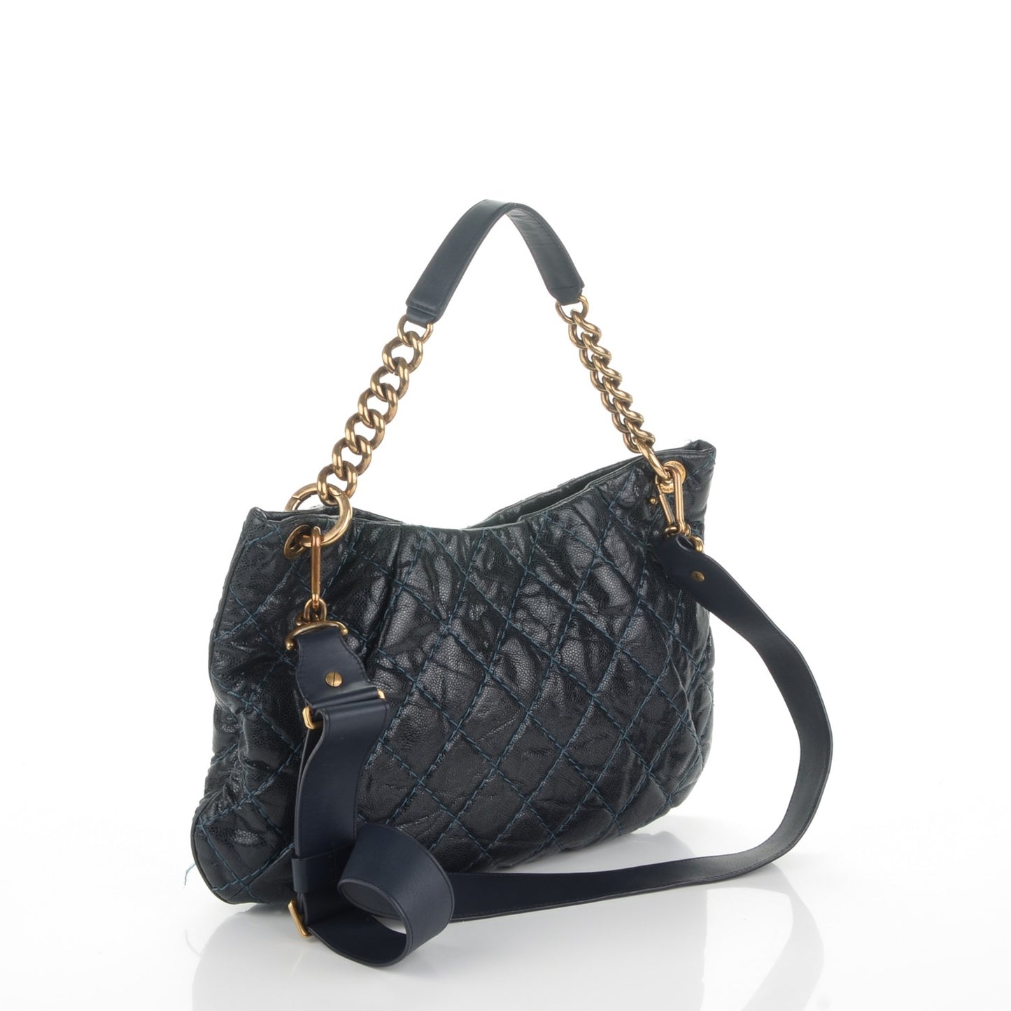 Crumpled Grained Calfskin Coco Pleats Hobo Dark Blue