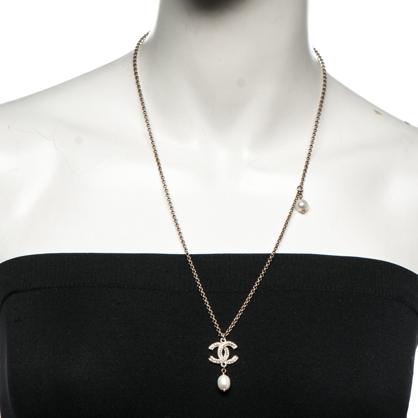 Pearl Crystal CC Drop Necklace Gold