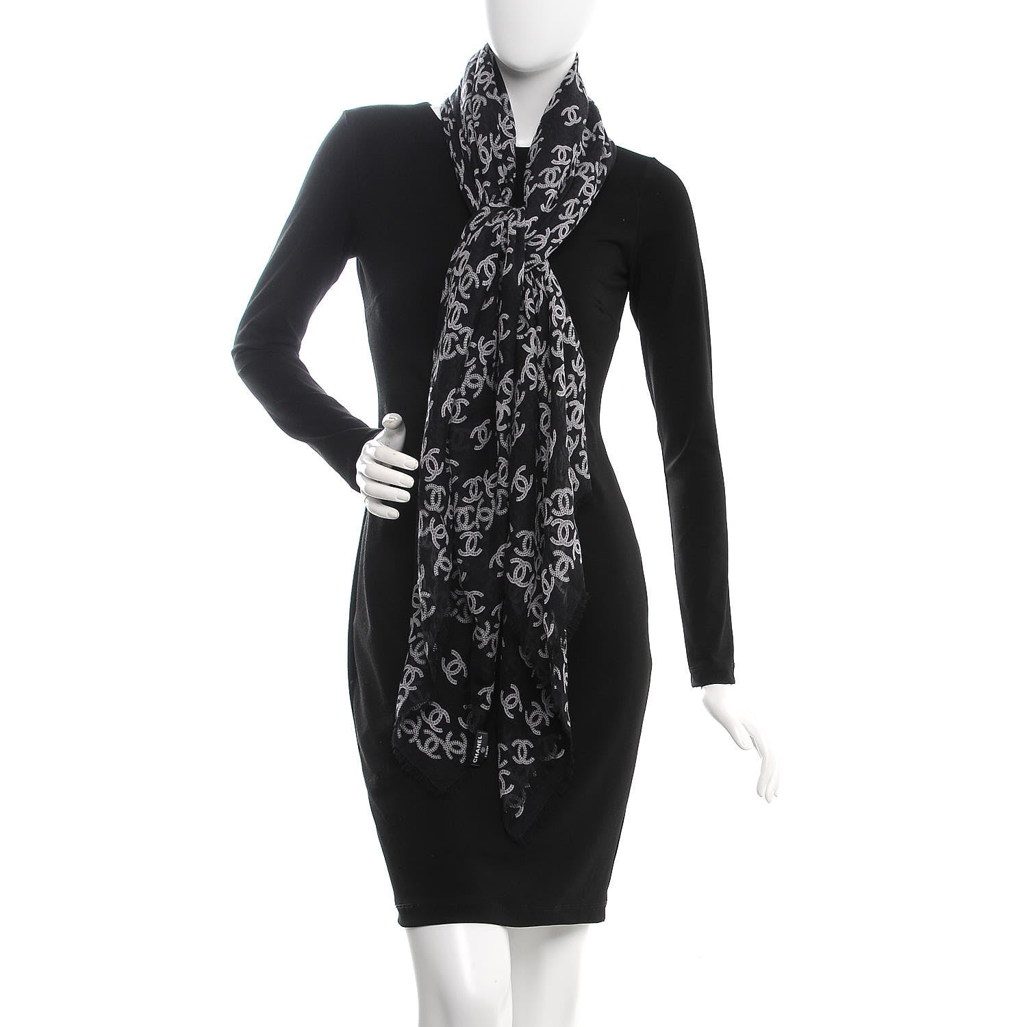 Chanel Cashmere Silk CC Logo Scarf Black White 2 of 5