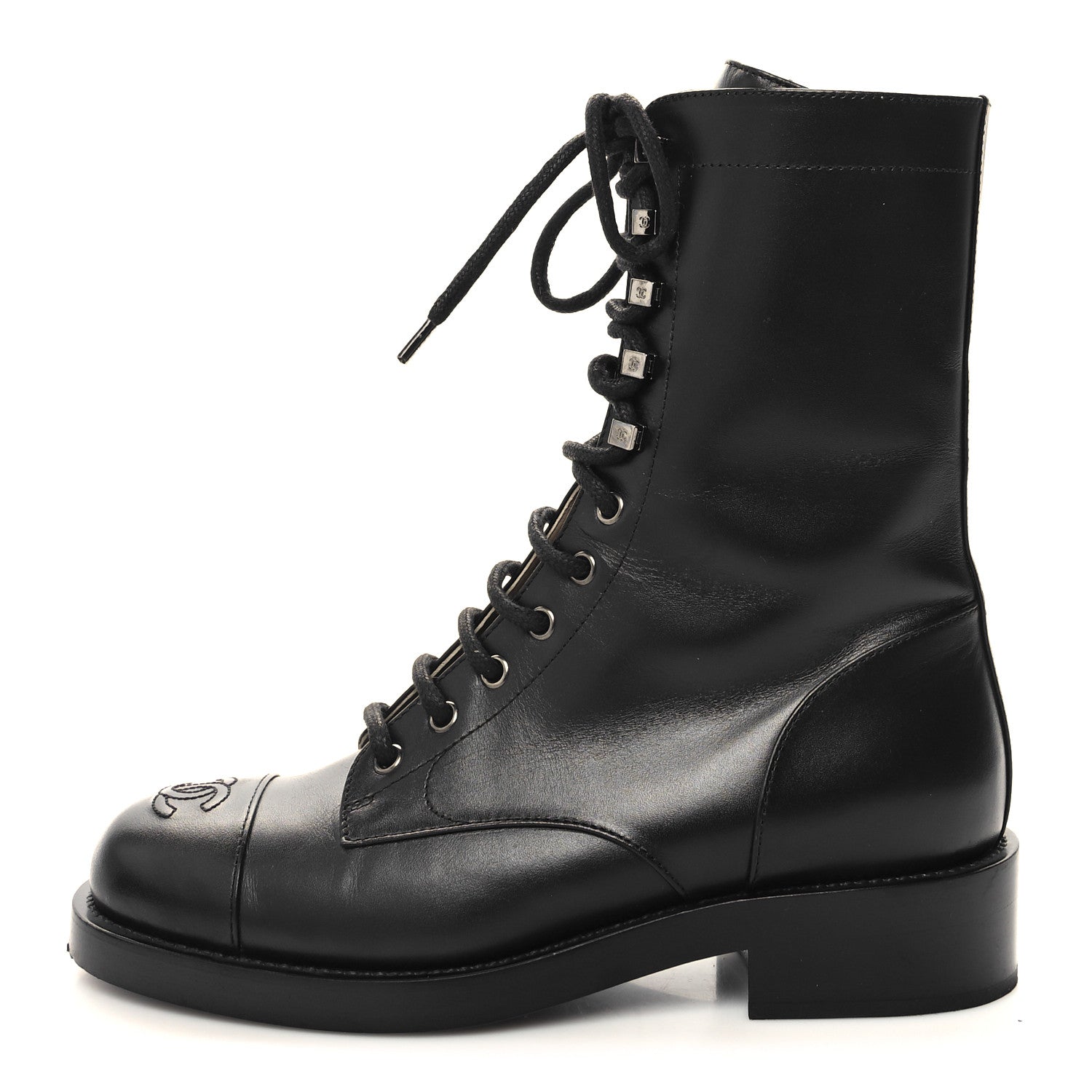 Chanel Calfskin Lace Up Combat Boots 38 Black 1 of 8