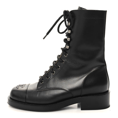 Chanel Calfskin Lace Up Combat Boots 38 Black 1 of 8
