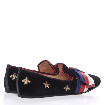 Gucci Velvet Bee Star Embroidered Sylvie Bow Loafers 37.5 Black 4 of 10
