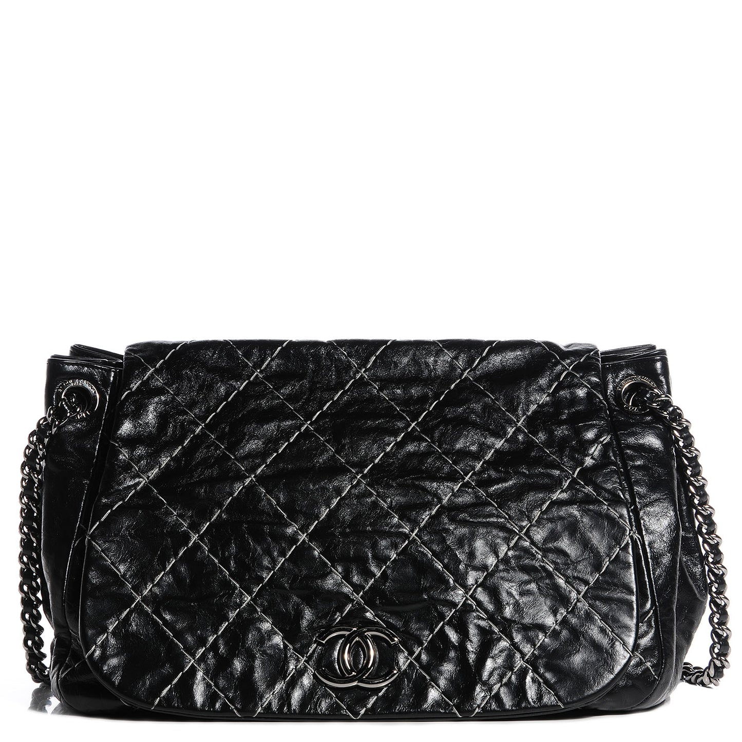 Glazed Goatskin Double Stitch Accordion Flap Black