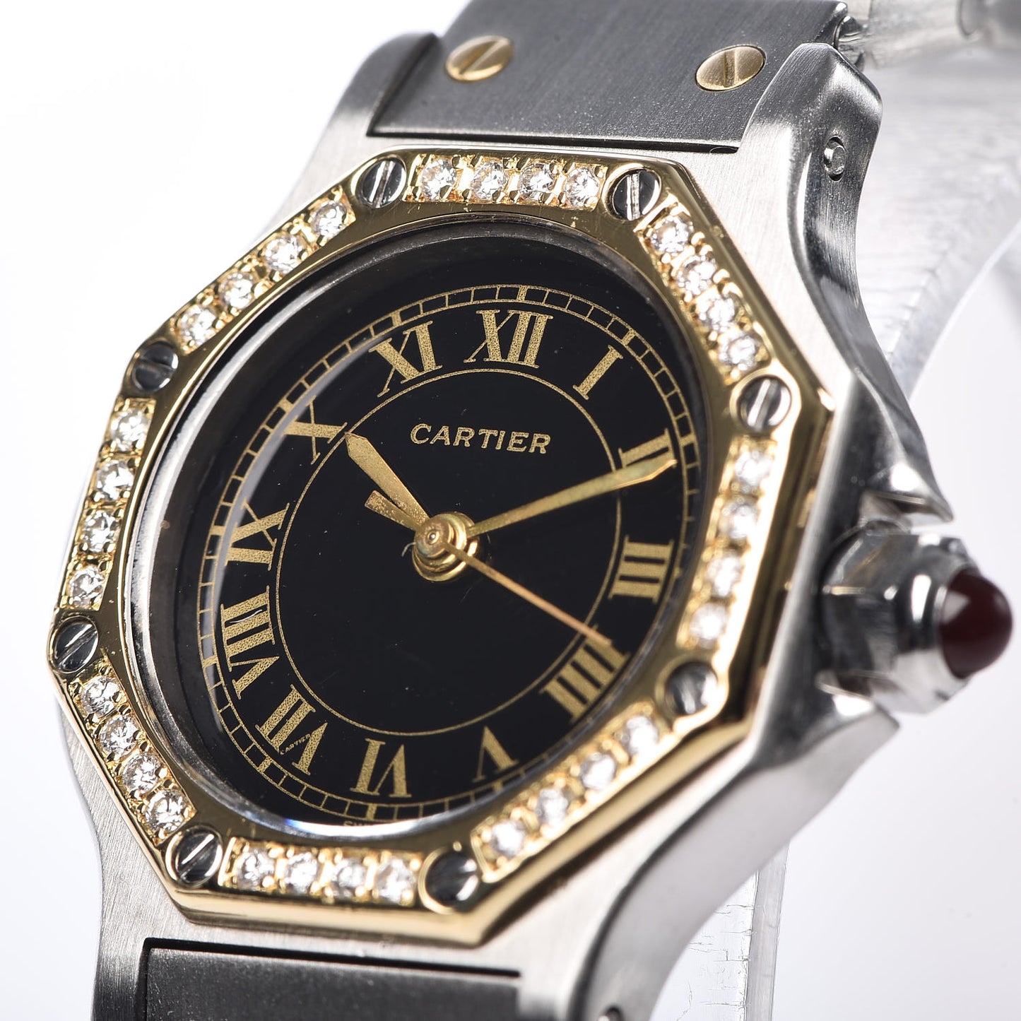 Stainless Steel 18K Yellow Gold Diamond 25mm Santos Octagon Automatic Watch Black