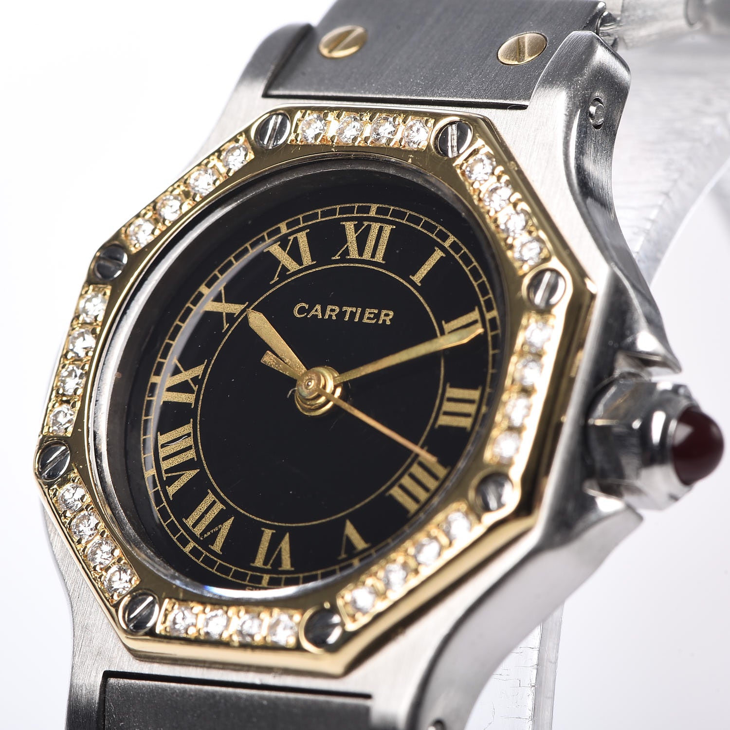 Cartier Stainless Steel 18K Yellow Gold Diamond 25mm Santos Octagon Automatic Watch Black 9 of 11