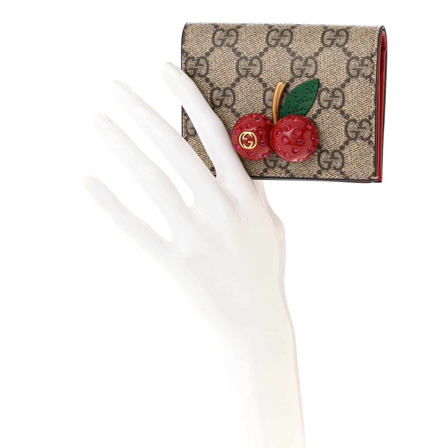 Gucci GG Supreme Monogram Cherry Embellished Card Case Wallet Hibiscus Red 2 of 9
