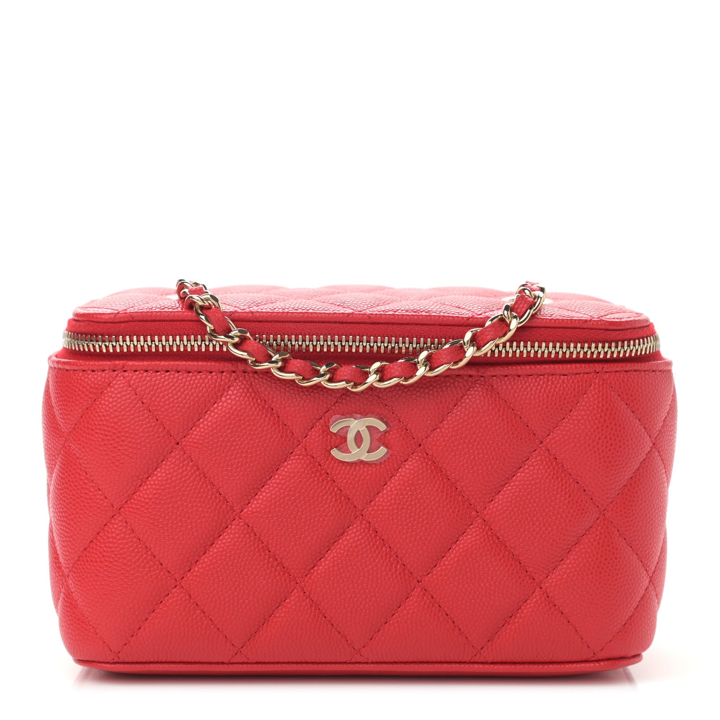 Caviar Quilted Small Vanity Case With Chain Red