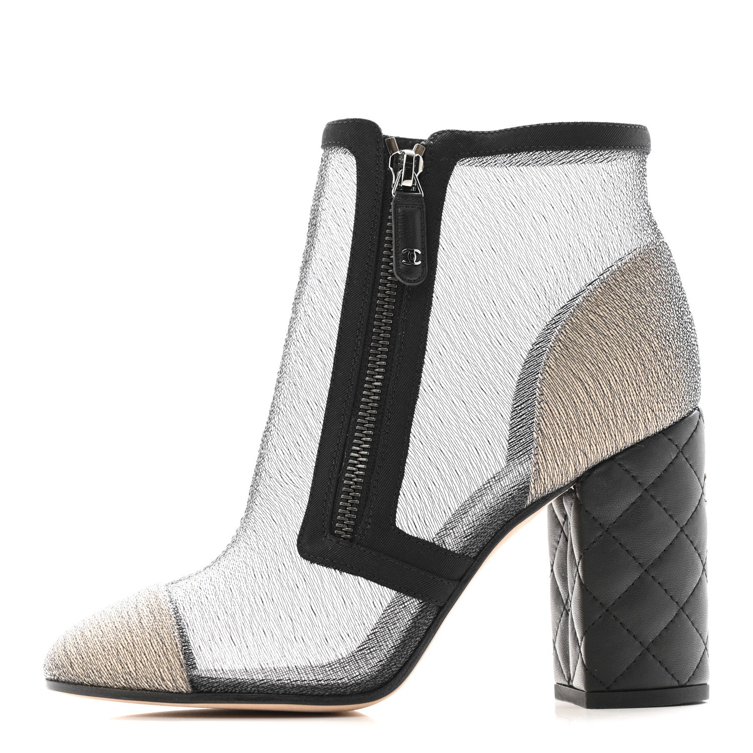 Chanel Mesh Grosgrain Cap Toe Short Boots 37.5 Beige Black 1 of 11