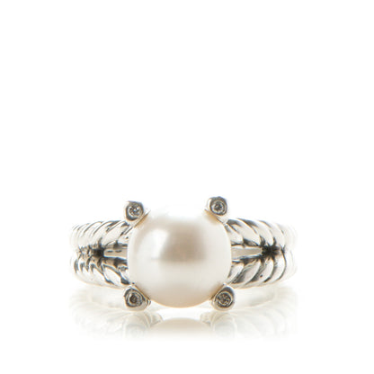 David Yurman Sterling Silver Pave Diamond 10mm Pearl Cable Ring 7 1 of 4