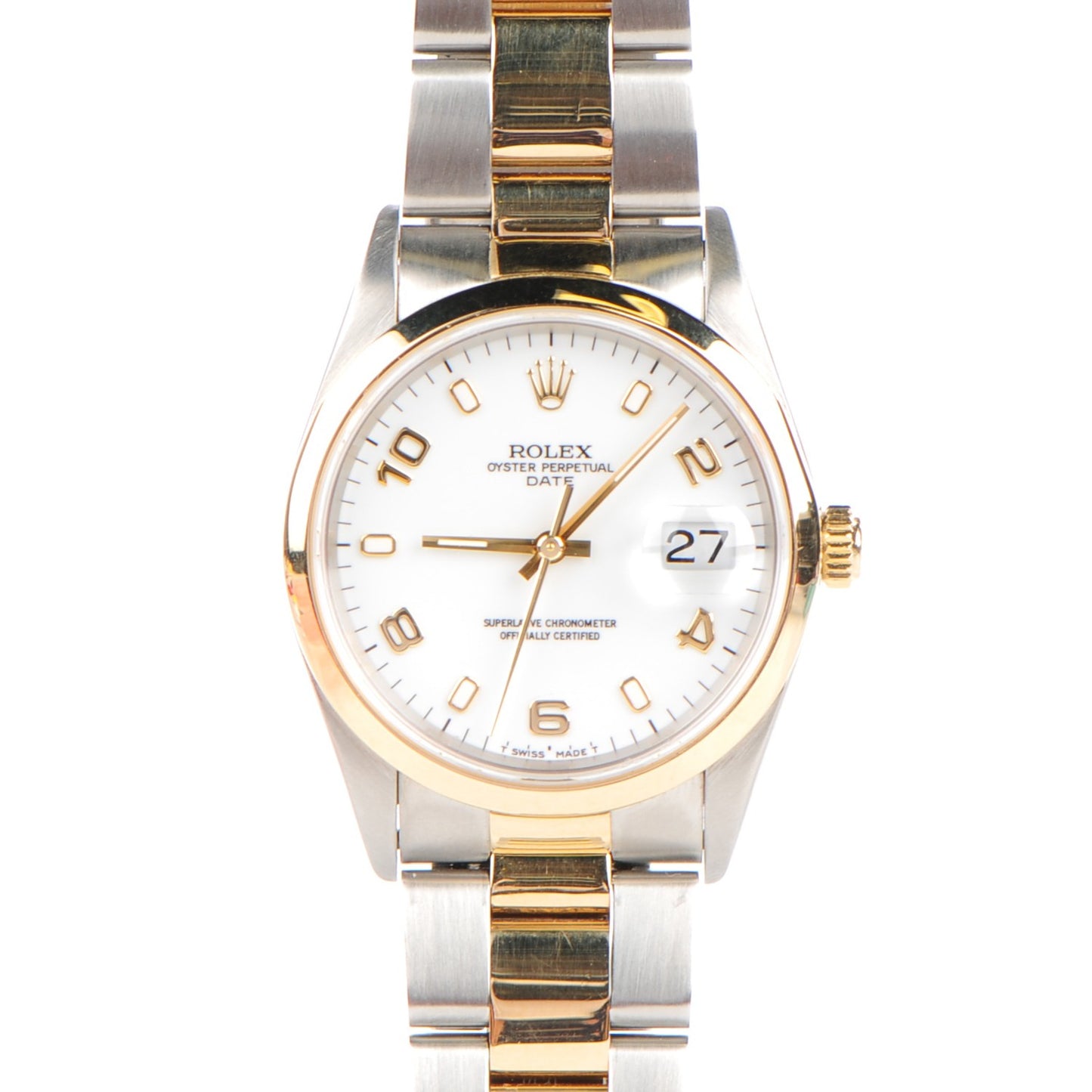 Stainless Steel 18K Yellow Gold 34mm Oyster Perpetual Date Watch White 15203