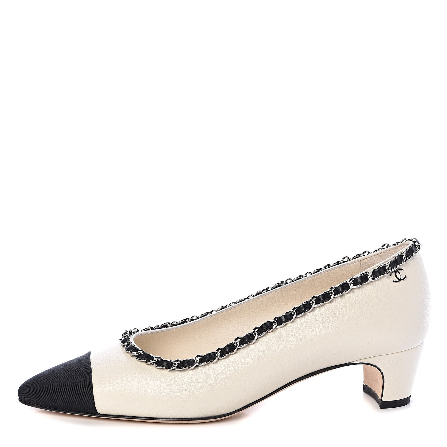 Chanel Lambskin Grosgrain Chain Cap Toe Pumps 38 Ivory Black 1 of 8