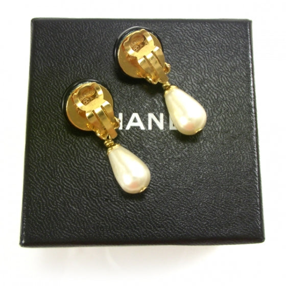 Chanel Faux Pearl Drop Clip On Earrings Black/Gold 2 of 5