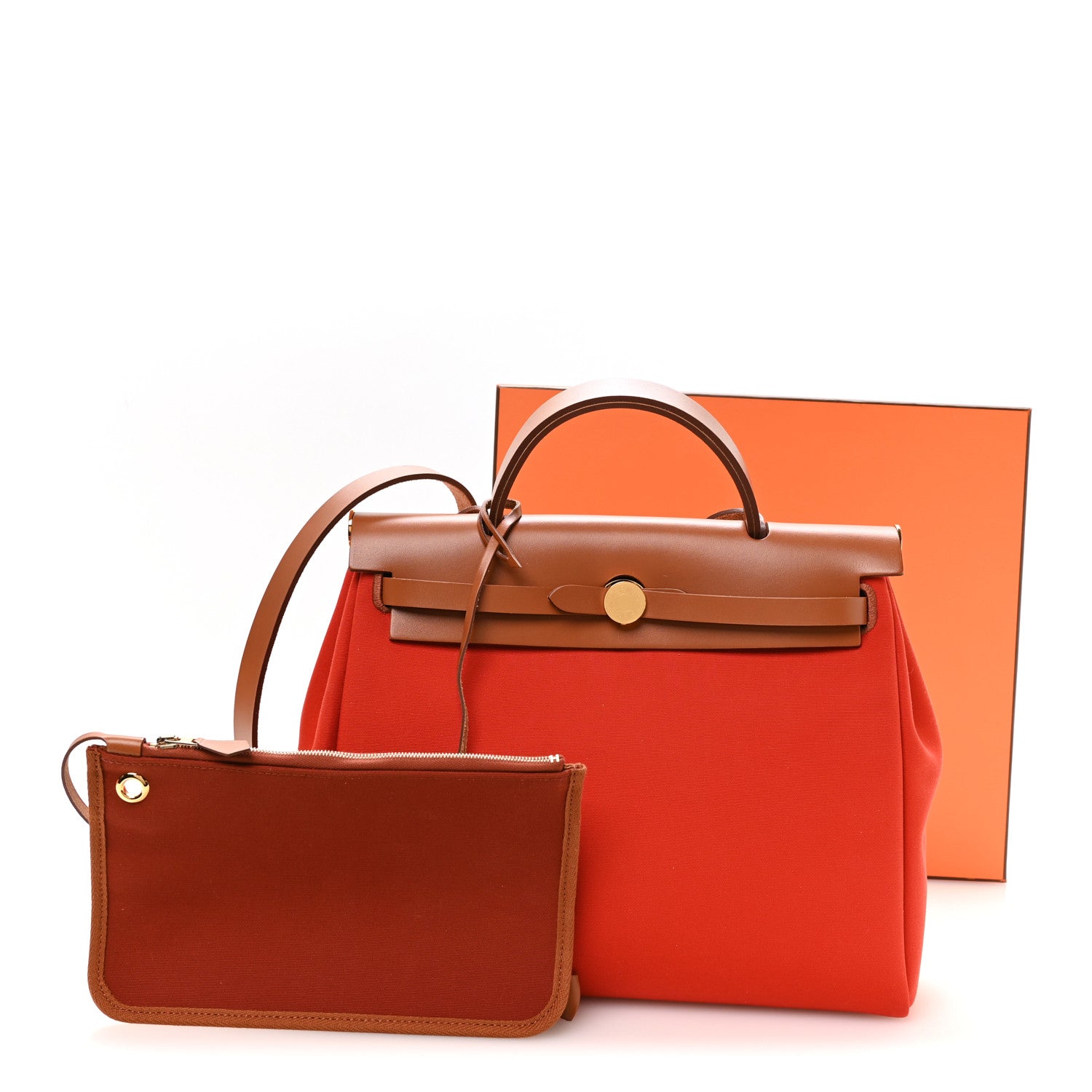 Hermes Vache Hunter Toile Herbag Zip Retourne 31 PM Orange Mecano Fauve 12 of 12