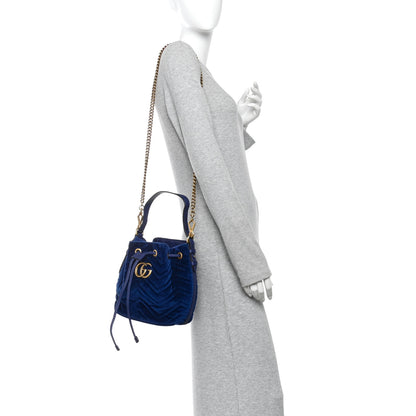 Gucci Velvet Matelasse GG Marmont Bucket Bag Cobalt Blue 2 of 10