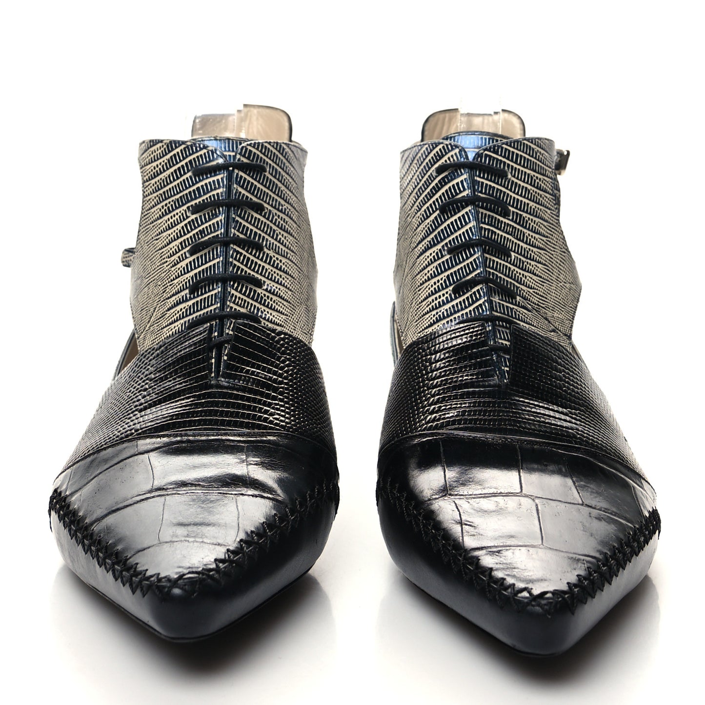 Crocodile Lizard Calfskin Embossed Nomade Pointed Ankle Boots 38.5 Black Blue