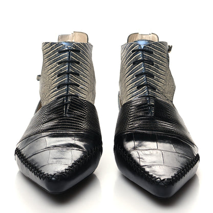 Christian Dior Crocodile Lizard Calfskin Embossed Nomade Pointed Ankle Boots 38.5 Black Blue 2 of 11