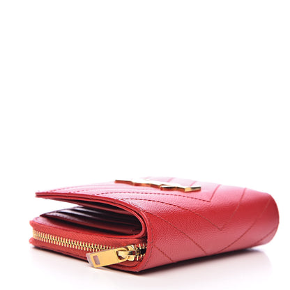 Saint Laurent Grain De Poudre Matelasse Chevron Monogram Compact Zip Around Wallet Red 4 of 8