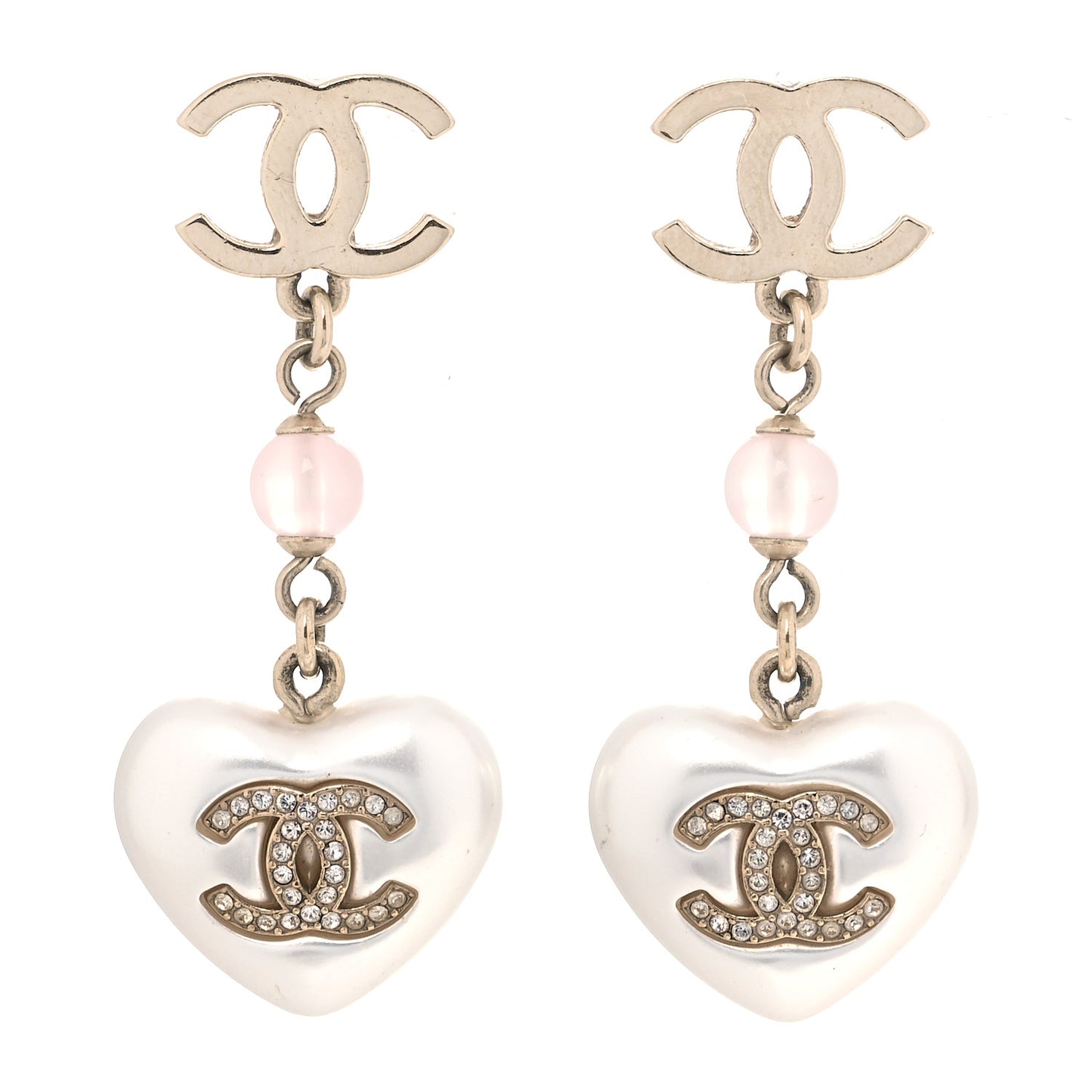 Metal Pearl Crystal Bead CC Heart Drop Earrings Pink Gold