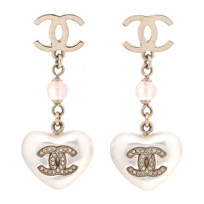 Chanel Metal Pearl Crystal Bead CC Heart Drop Earrings Pink Gold 1 of 4