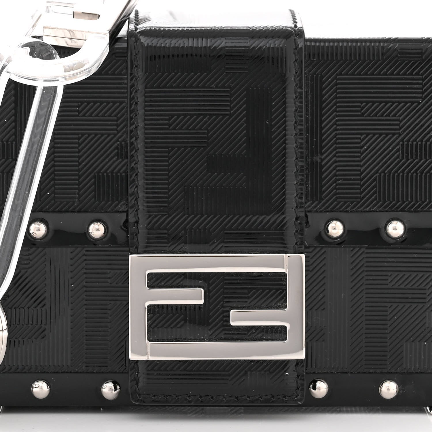 Fendi Vitello King Patent FF Lines Embossed Studded Mini Baguette Trunk Black 8 of 10
