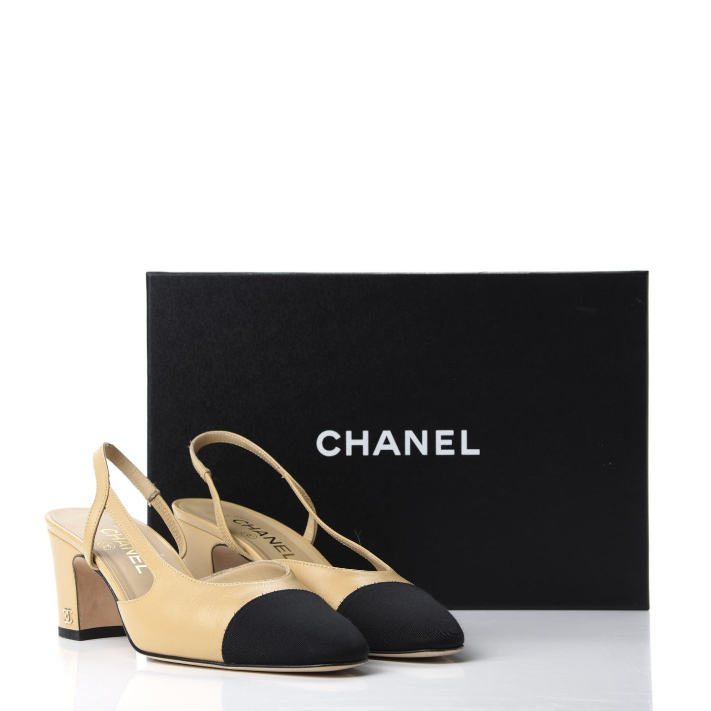 Goatskin Grosgrain Cap Toe CC Slingback Sandals 38.5 Beige Black