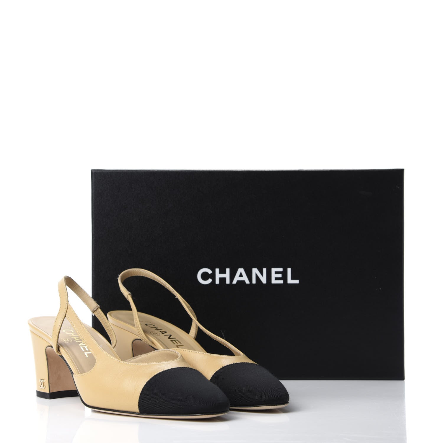 Chanel Goatskin Grosgrain Cap Toe CC Slingback Sandals 38.5 Beige Black 15 of 15