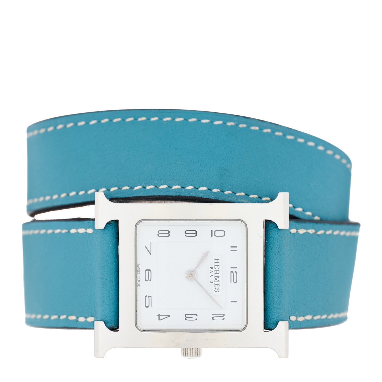 Hermes Stainless Steel Swift 26mm Heure H Hour Double Tour Quartz Watch Blue Jean 2 of 5