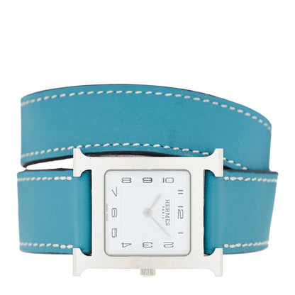 Hermes Stainless Steel Swift 26mm Heure H Hour Double Tour Quartz Watch Blue Jean 2 of 5