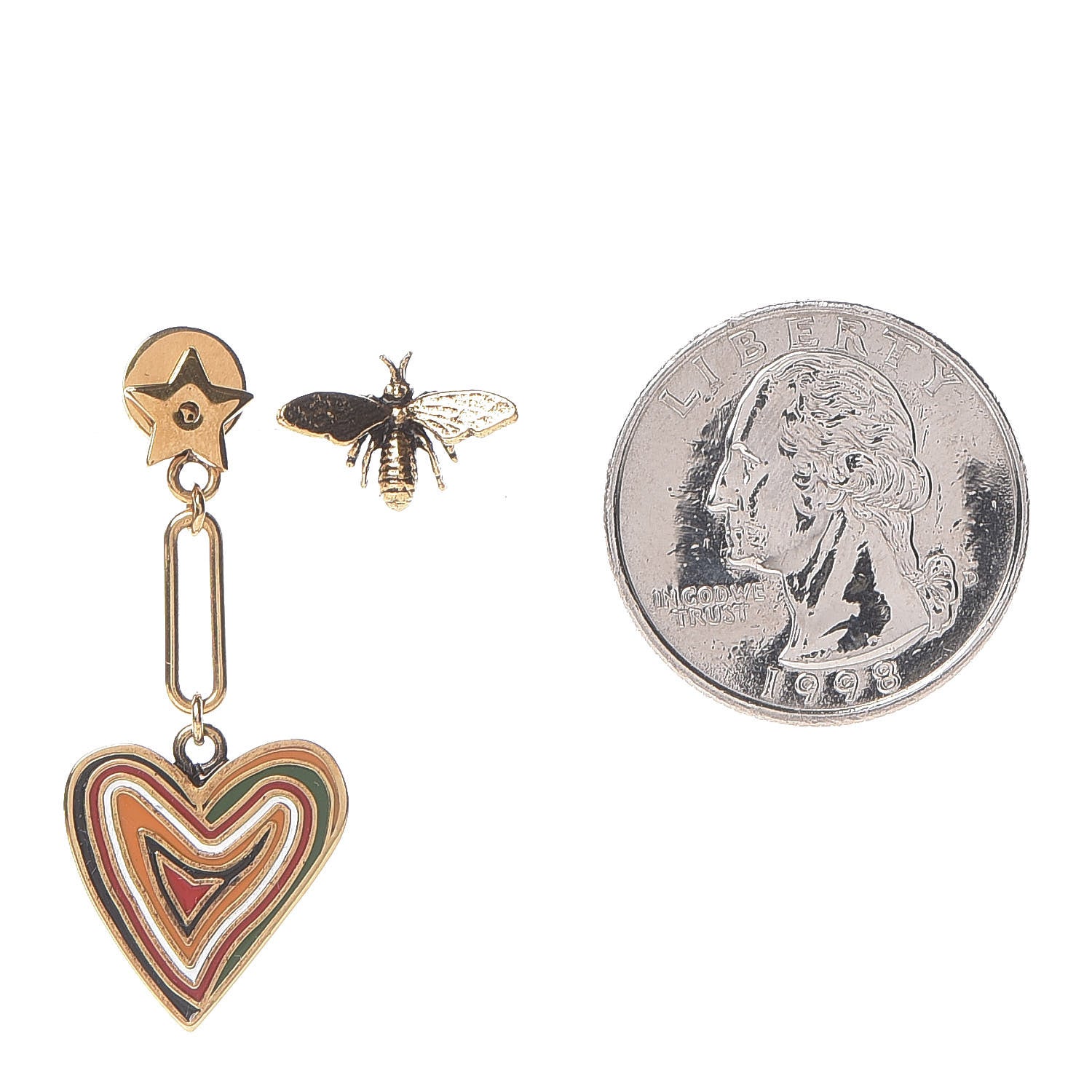 Christian Dior Metal Bee Heart Dangle Chain Earrings Gold Multicolor 2 of 6