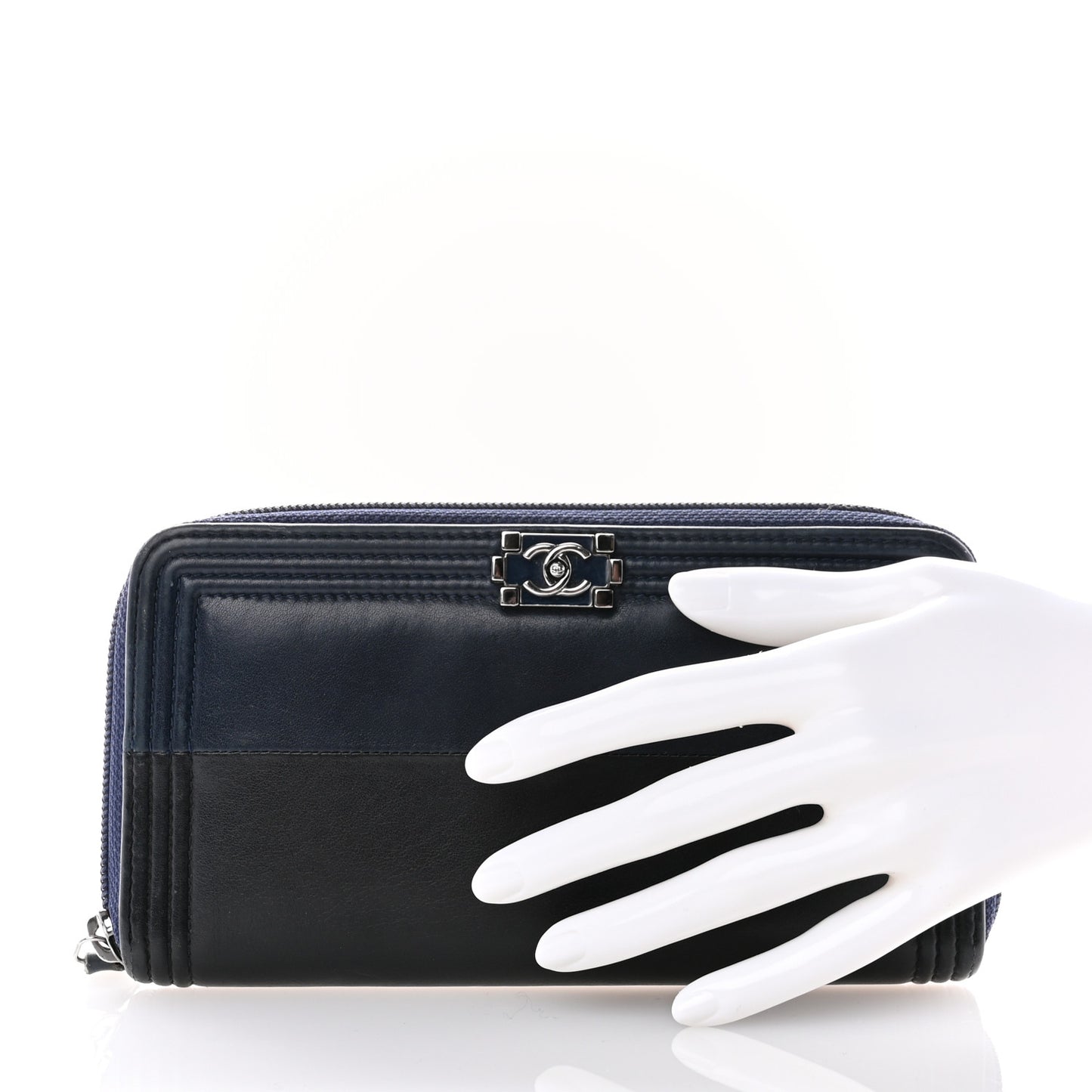 Calfskin Large Bi-Color Zip Around Boy Wallet Black Navy