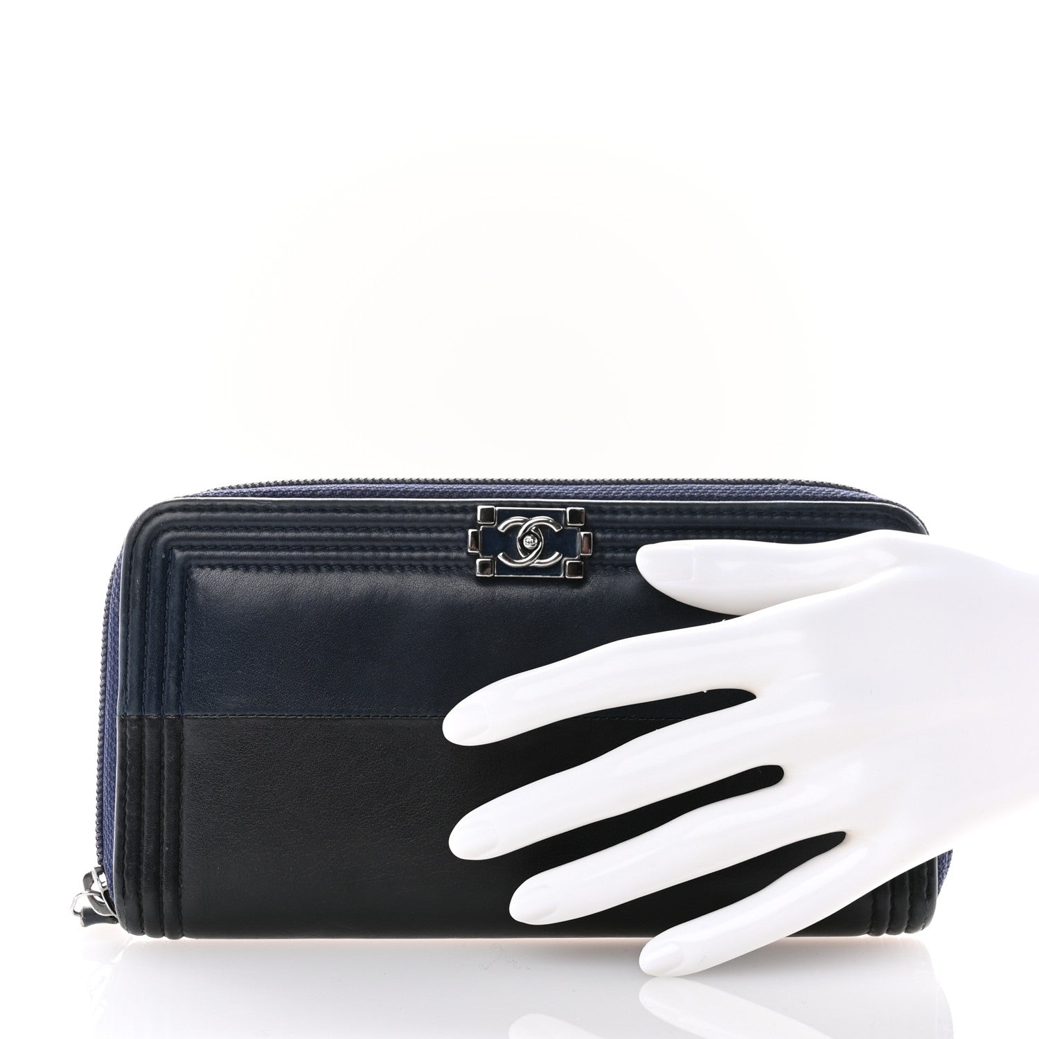Chanel Calfskin Large Bi-Color Zip Around Boy Wallet Black Navy 2 of 11