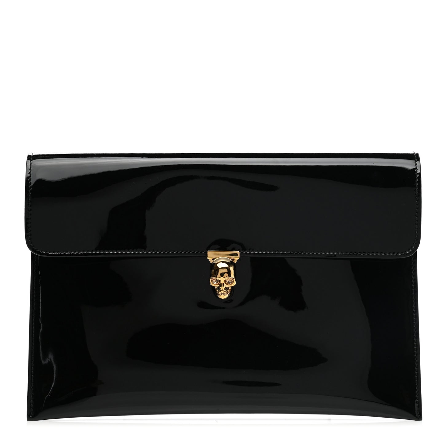 Patent Skull Lock Envelope Clutch Black