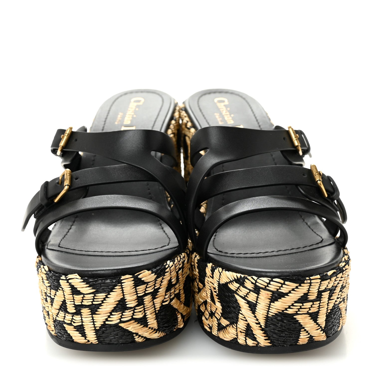 Diorデザインレースハイヒール 37黒/金 Christian Dior Raffia Calfskin L'Amazone Wedge Sandals 37 Black