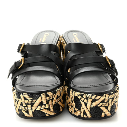 Christian Dior Raffia Calfskin L'Amazone Wedge Sandals 37 Black Natural 3 of 9