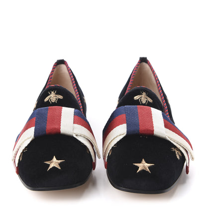 Gucci Velvet Bee Star Embroidered Sylvie Bow Loafers 36 Black 2 of 9