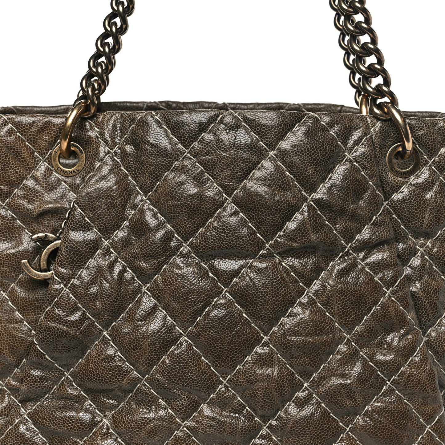 Crumpled Grained Calfskin Large Coco Pleats Tote Khaki