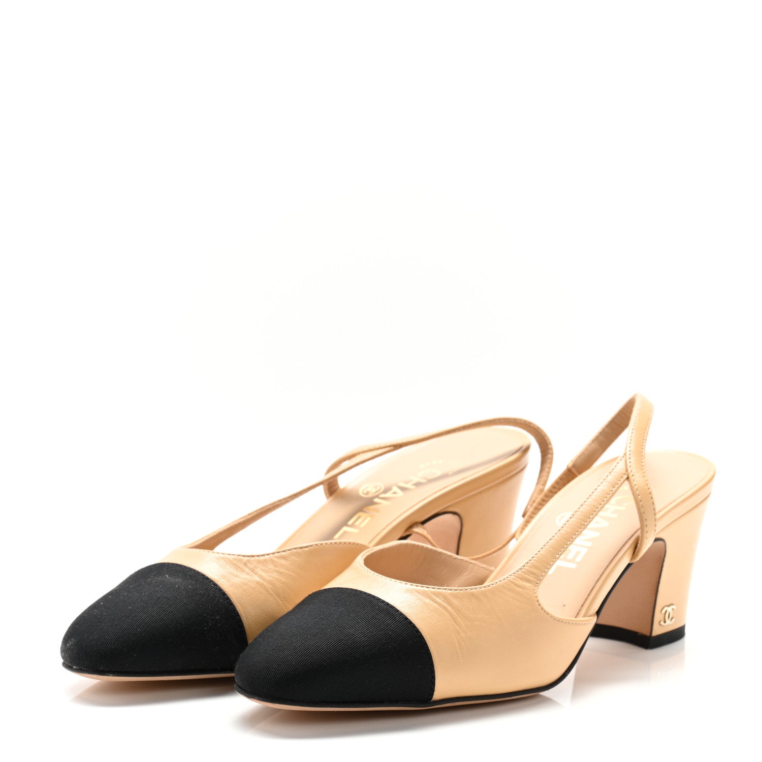 Chanel Goatskin Grosgrain Cap Toe CC Slingback Pumps 37 Beige