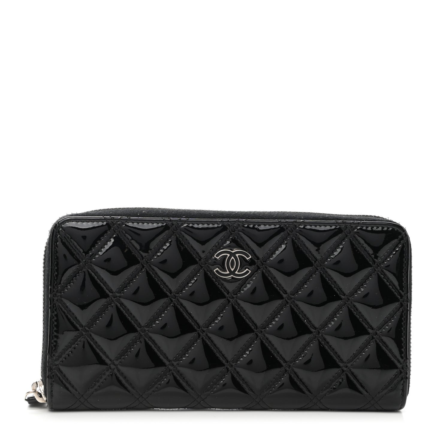 Patent Quilted Large Gusset Zip Around Wallet Black