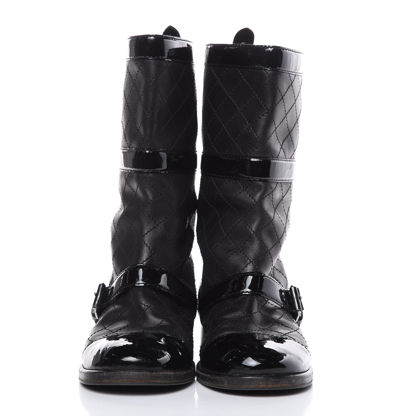 Calfskin Patent Quilted Cap Toe Boots 39 Black