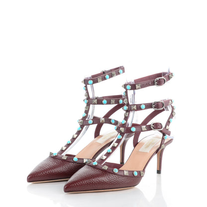 Valentino Garavani Pebbled Calfskin Turquoise Rockstud Rolling Ankle Strap 65mm Pumps 37.5 Rubin 3 of 9