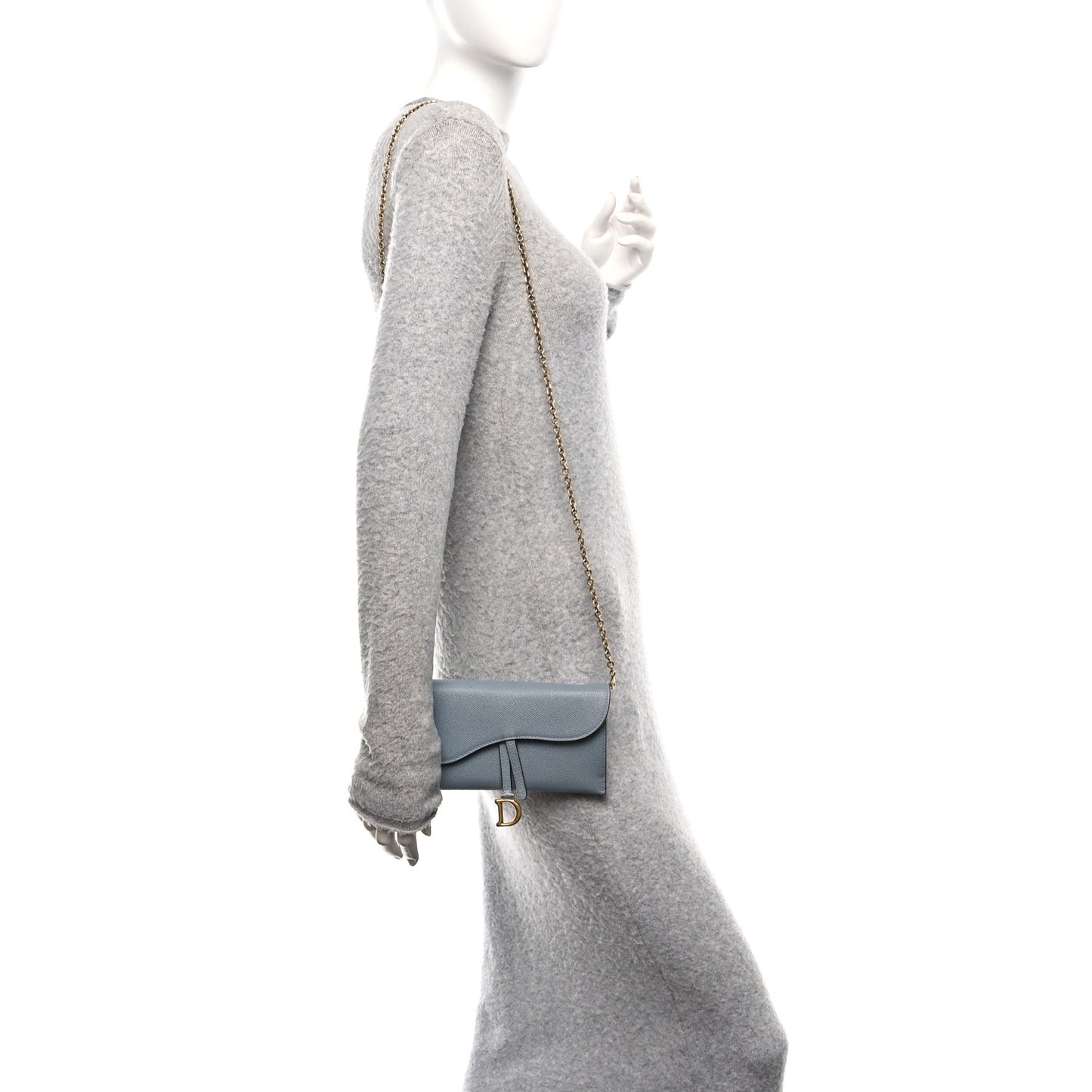 Grained Calfskin Saddle Chain Wallet Pouch Cloud Blue