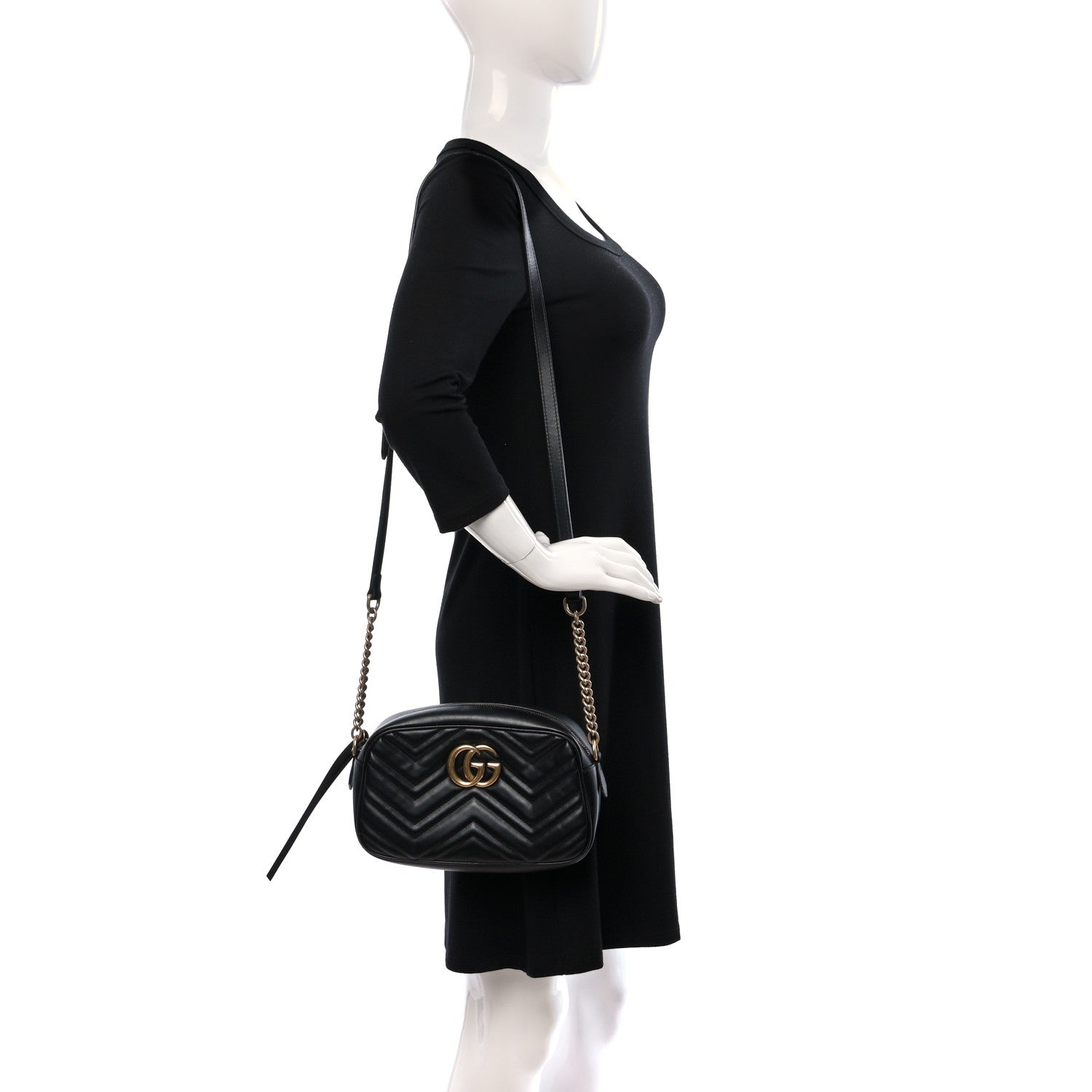 Gucci Calfskin Matelasse Small GG Marmont Chain Shoulder Bag Black 2 of 9