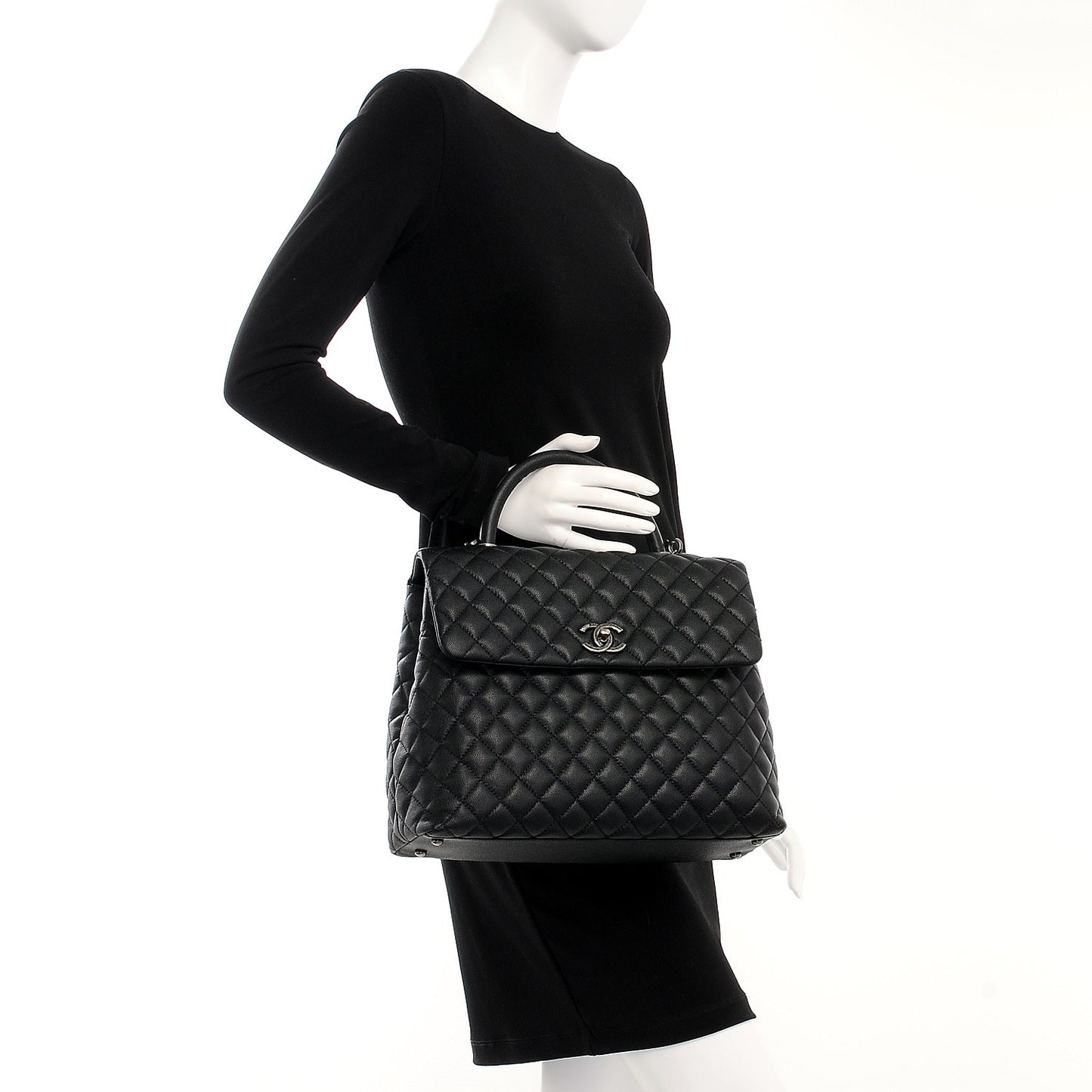 Caviar Quilted Large Coco Handle Flap Black
