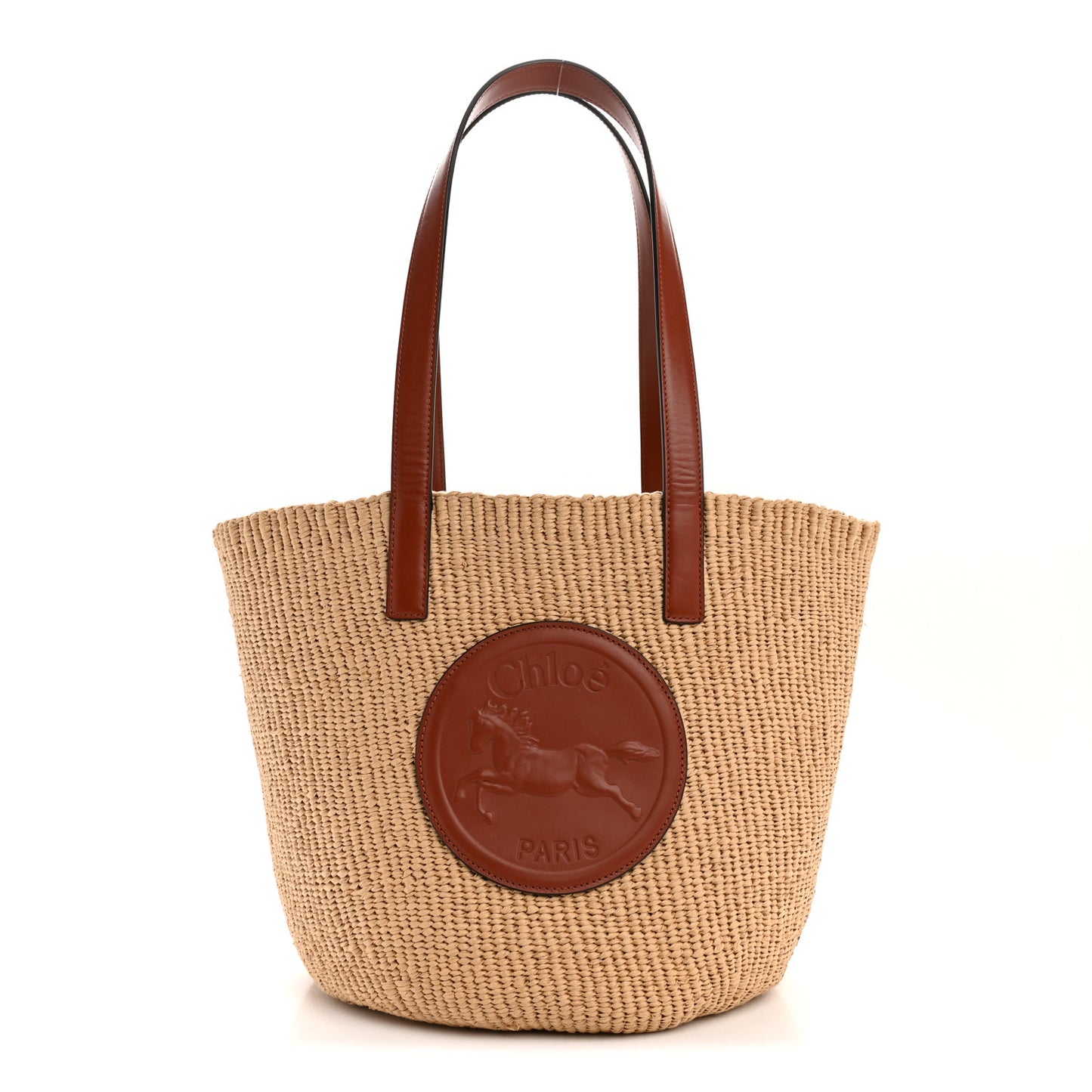 Raffia Calfskin Horse Medal Large Basket Tote Sepia Brown