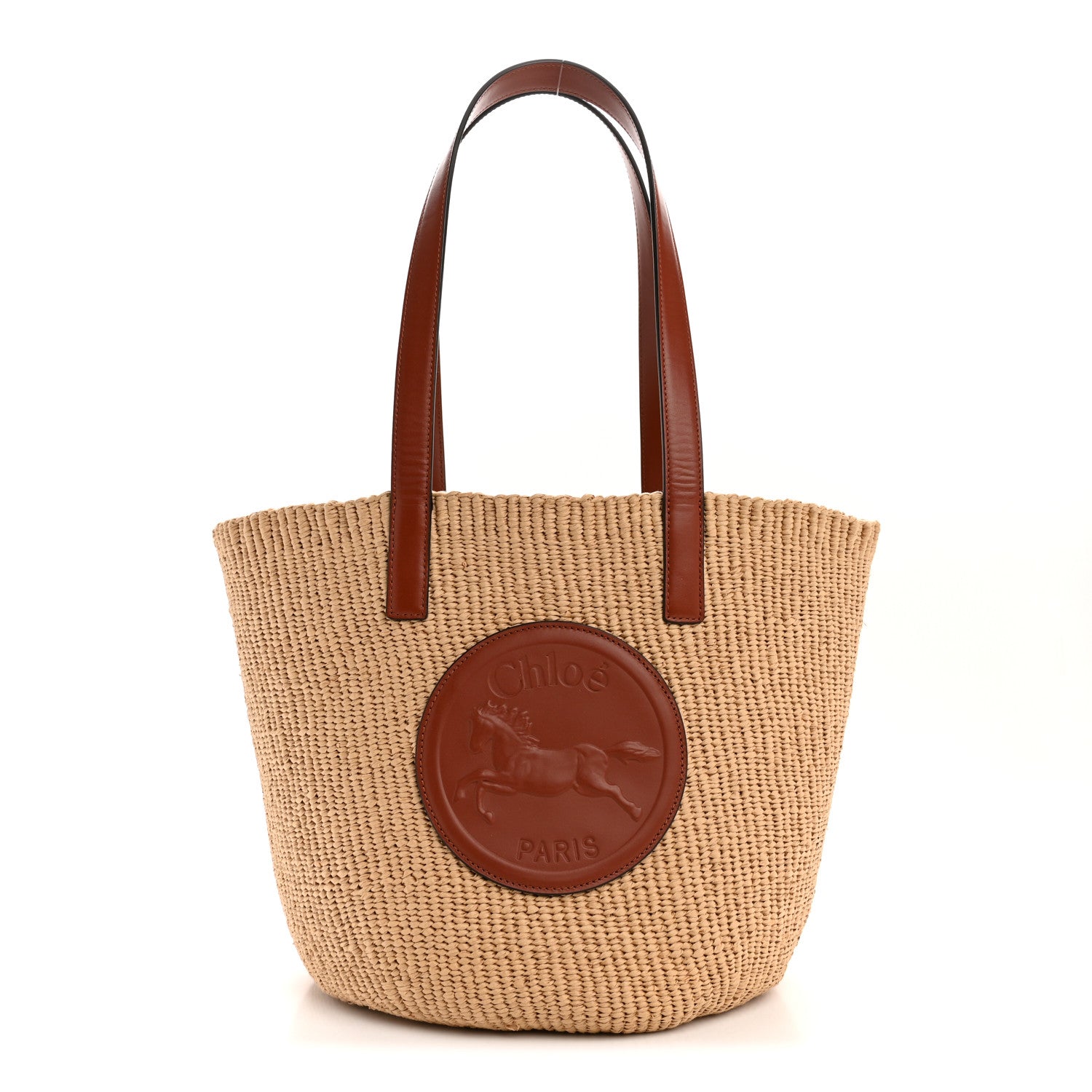 Chloe Raffia Calfskin Horse Medal Large Basket Tote Sepia Brown 1 of 9