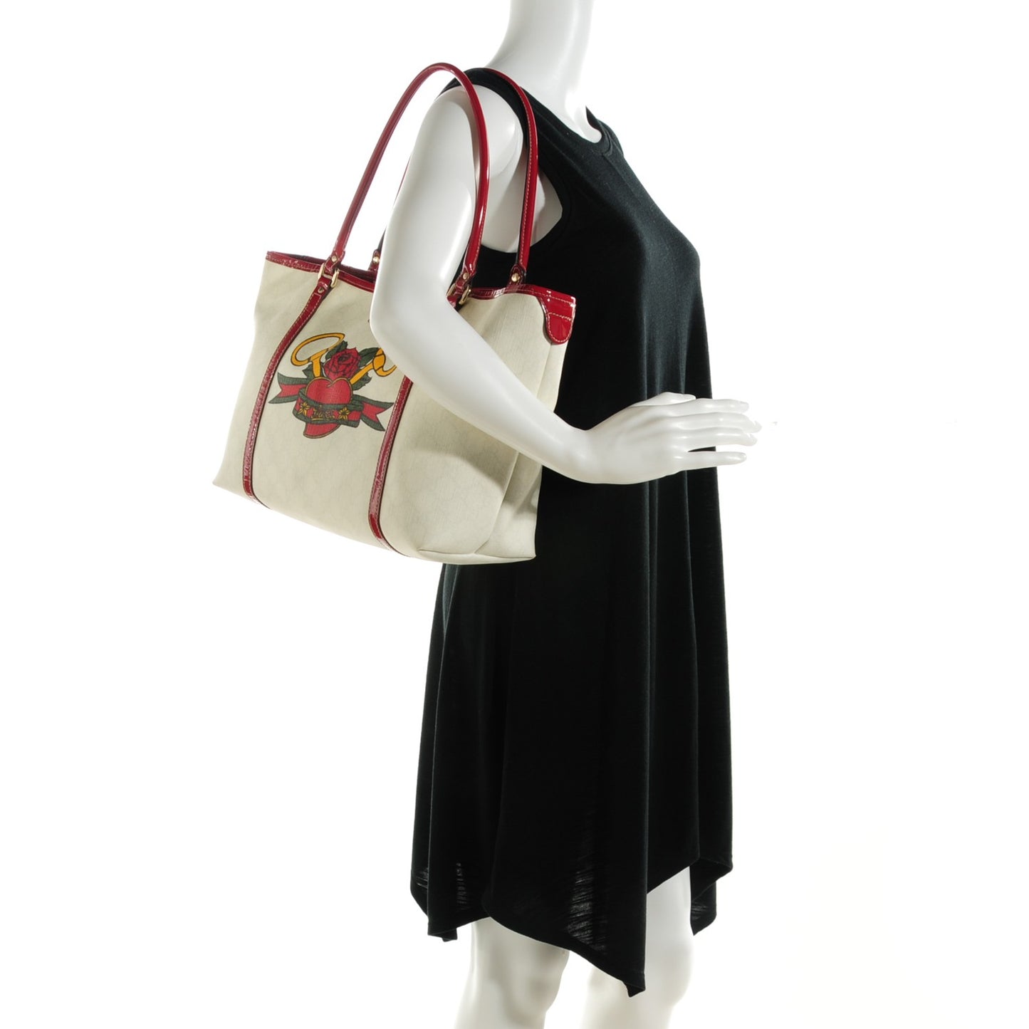 GG Plus Monogram Tattoo Heart Medium Joy Tote Off White Red