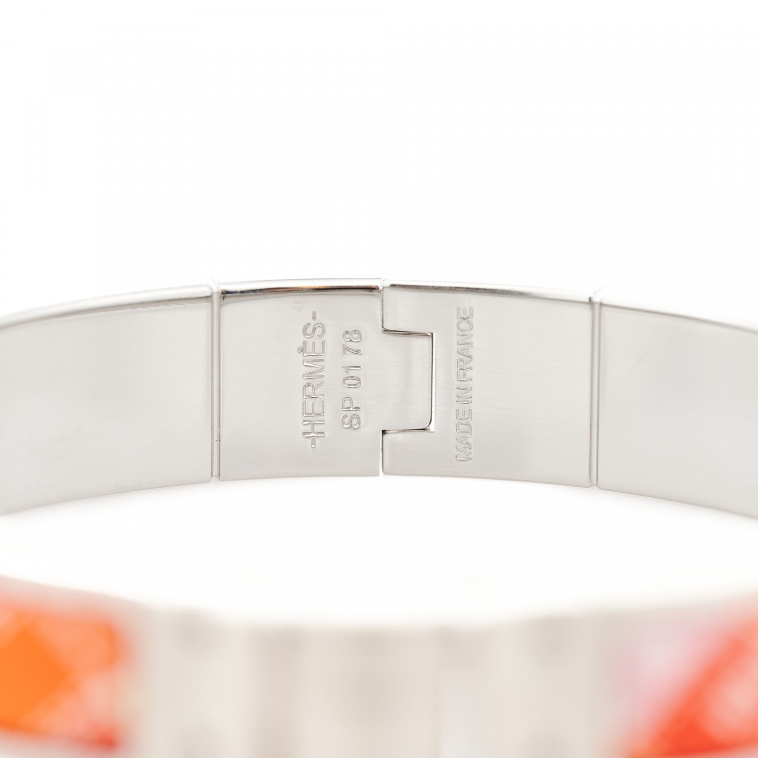 Hermes Enamel Printed Narrow Bolduc Au Carre Hinged Bracelet S Orange White Vieux 3 of 3