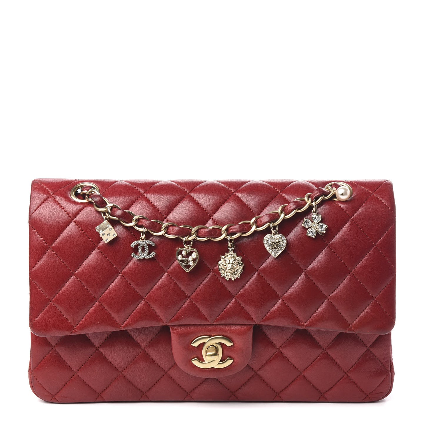 Lambskin Quilted Medium Double Flap with Charms Red